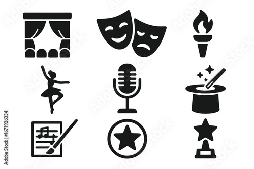 Theater and performance solid icon set, artistic entertainment symbols collection, vector cartoon illustration with transparent background, drama, acting, stage, culture icons, order 3