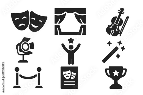Theater and Performance Solid Icon Set, Artistic Entertainment Symbols Collection, Vector Cartoon Illustration with Transparent Background, Drama, Music, Stage, Award, Magic, Spotlight, Violin