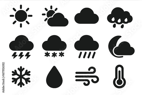 Weather condition solid icons set with flat filled design, climate and forecast symbols vector cartoon illustration, transparent background, ordered set of 3 rows