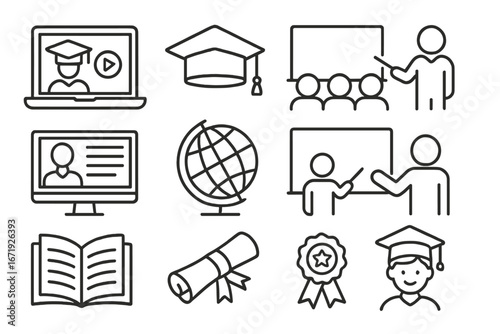 Various educational icons representing online learning, traditional classrooms, global education, diploma certificates, and student achievements in a clean line art vector style