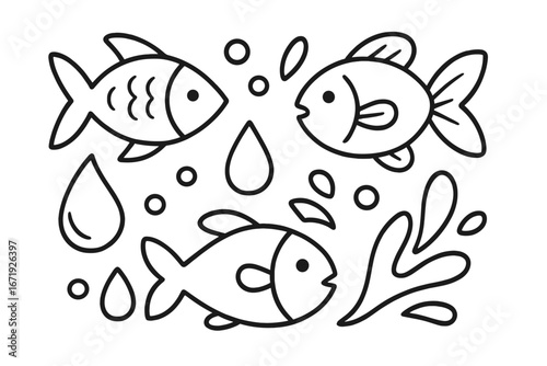 Unique minimalist line art illustration of fish swimming with water droplets and splashes, simple black and white vector cartoon design for versatile creative projects and backgrounds