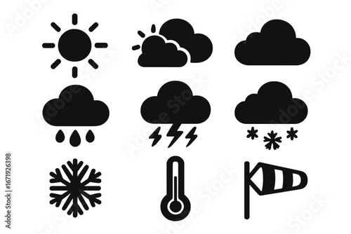 Weather silhouette icon set – solid flat style seasonal and climate symbols vector cartoon illustration with sun, clouds, rain, snow, thunderstorm, wind, and temperature icons transparent background