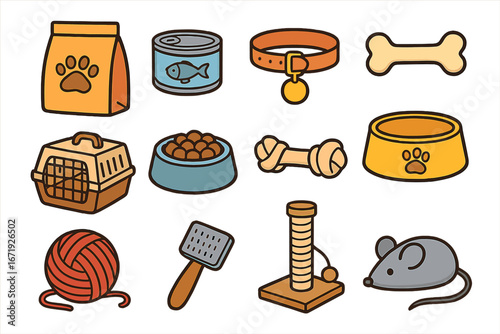 Collection of colorful pet supplies and accessories icons for dogs and cats, cartoon style vector illustration with transparent background, including food, toys, grooming, and travel items