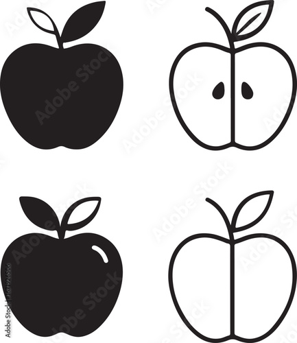 A minimalist and artistic composition showcasing four apple illustrations in black and white each apple rendered with unique techniques creating a visually engaging and appetizing display