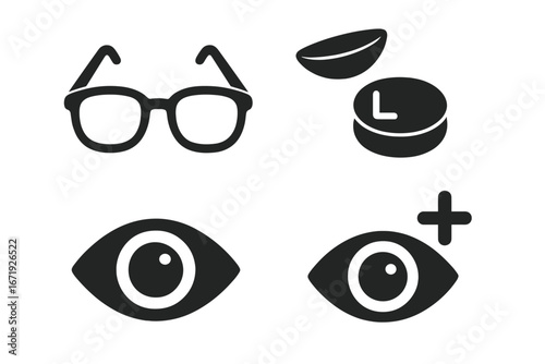 Vision care solid icon set including glasses, contact lenses, eye health symbols, vision improvement, eye examination, and optical accessories vector illustration