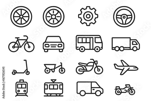 Wheel and transport line icons set with outline design, vector mobility and vehicle symbols, cartoon style illustration, transparent background, ordered collection for modern transport concepts