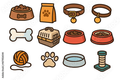 Various Pet Supplies and Accessories Icons for Animals in Simple Clear Style, Vector Cartoon Illustration with Transparent Background, Ordered Set of Pet Care Essentials