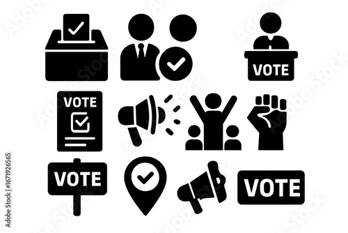 Voting and Elections Icon Set, Ballot Box, Democracy Campaign Symbols, Voting Checkmarks, Political Activism Icons, Protest Fist, Megaphone, Transparent Vector Illustration Collection