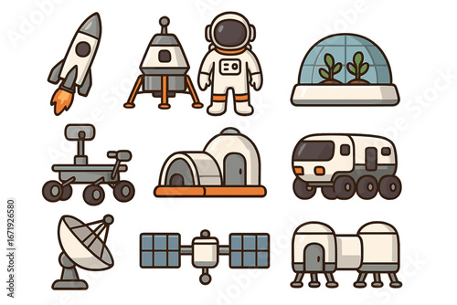 Various Space Exploration Icons Featuring Rocket, Lunar Module, Astronaut, Rover, Habitats, Dome Greenhouse, Satellite, and Communication Equipment for Future Missions