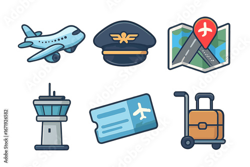 Various Air Travel Icons Including Airplane, Pilot Hat, Airport Map, Control Tower, Boarding Pass, and Luggage in Flat Cartoon Vector Style Illustration