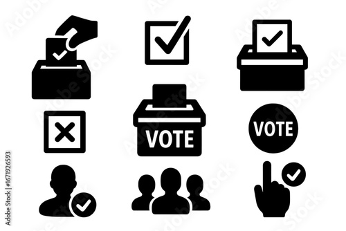 Voting and election solid icon set with ballot box, democracy symbols, poll icons, civic participation vector collection, transparent background, cartoon style graphic elements for election concept