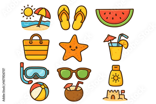 Summer vacation icons collection, cartoon beach accessories, colorful vector set with sun, flip flops, watermelon, starfish, sunglasses, drinks, snorkel, beach ball, sandcastle, and sunscreen