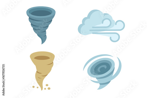 Isometric Flat Wind Phenomena Icons Set, Tornado Funnel, Gust Cloud, Dust Devil, Whirlwind Swirl Weather Elements Vector Cartoon Illustration for Meteorology and Nature