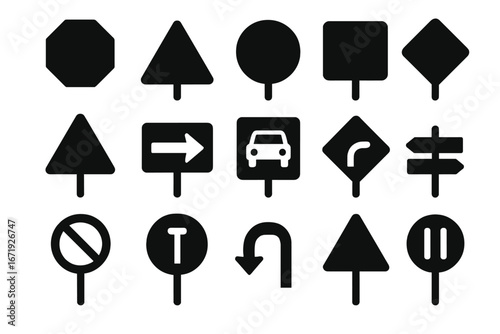 Traffic signs silhouette icon set with road safety navigation symbols, vector cartoon illustration collection for directional guidance and street signage designs on transparent background