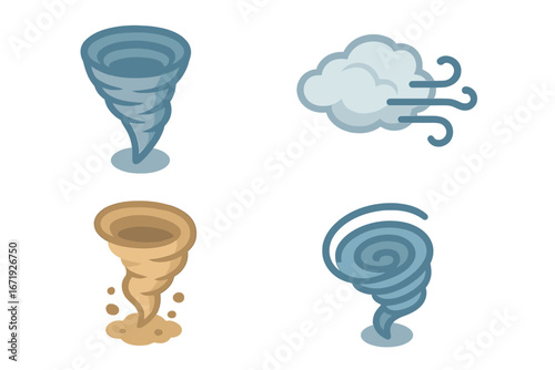 Wind Phenomena Icons Isometric Flat Vector Set Including Tornado Funnel, Gust Cloud, Dust Devil, Whirlwind Swirl, Weather Elements Cartoon Illustration