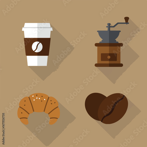 Flat illustration of coffee, pastries, coffee grinder on background