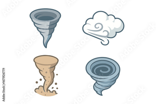 Wind Phenomena Icons Set, Isometric Flat Vector Illustrations of Tornado Funnel, Gust Cloud, Dust Devil, Whirlwind Swirl, Cartoon Weather Elements for Meteorology and Nature Concepts