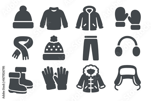 Winter clothing icons set with solid filled style, cozy fashion apparel symbols, warm hat, scarf, gloves, boots, jacket, sweater vector cartoon illustration, transparent background
