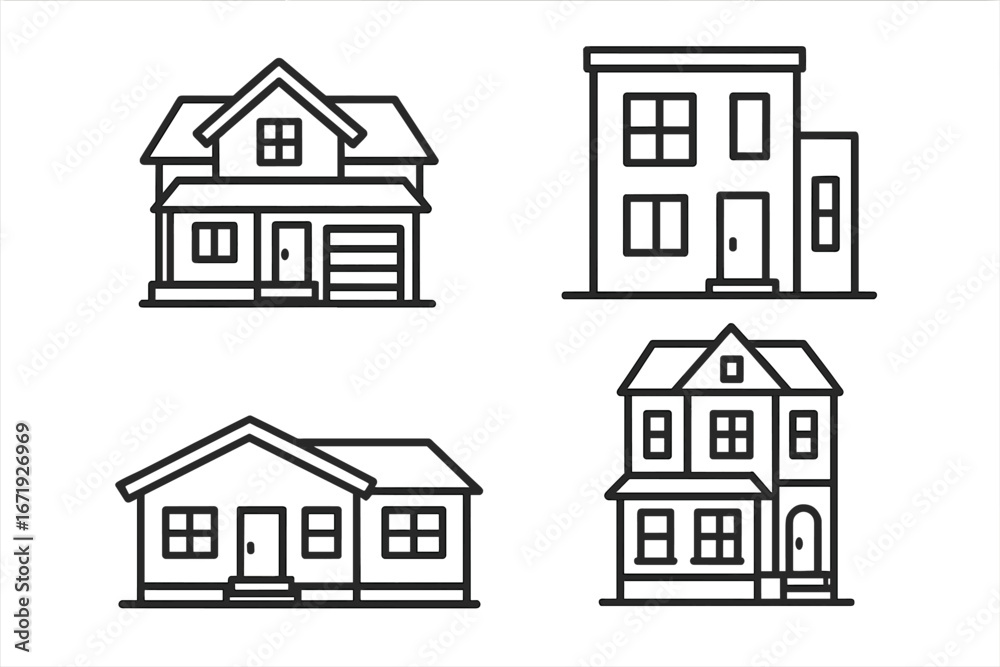 Fototapeta premium Various styles of residential houses outlined in simple black lines, showcasing diverse architectural designs and home concepts, vector cartoon illustration with transparent background