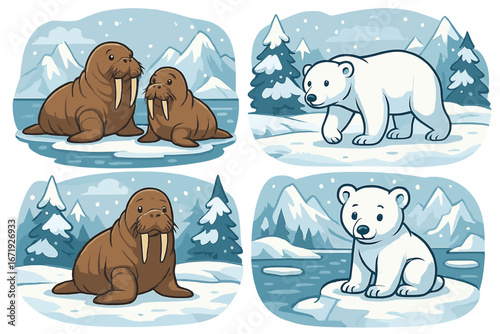 Winter Arctic wildlife and landscapes with walruses, polar bears, snowy scenery, ice floes, and cold environment. Cartoon vector illustration with transparent background for nature and wildlife themes