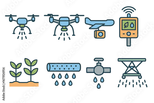 Vector icons illustrating various types of drones, water management equipment, and irrigation solutions for agriculture and farming, cartoon style transparent background