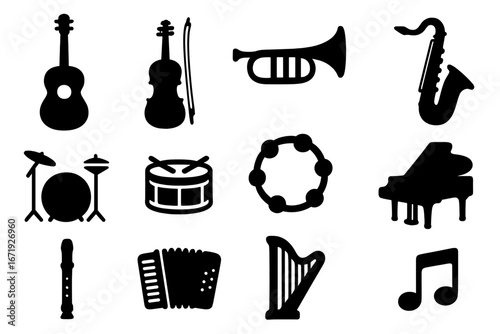 Silhouette icons set of diverse musical instruments and notes, solid filled vector cartoon illustration, transparent background, organized collection of music symbols