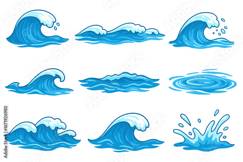 Various Water Wave Illustrations for Design and Educational Purposes Showcasing Diverse Ocean Waves, Sea Movements, Patterns, Splashes, and Surface Textures, Vector Cartoon Style