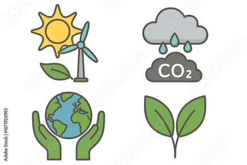 Nature icons representing key sustainability concepts including renewable energy, greenhouse gases reduction, environmental conservation, and eco-friendly efforts in colorful vector cartoon style