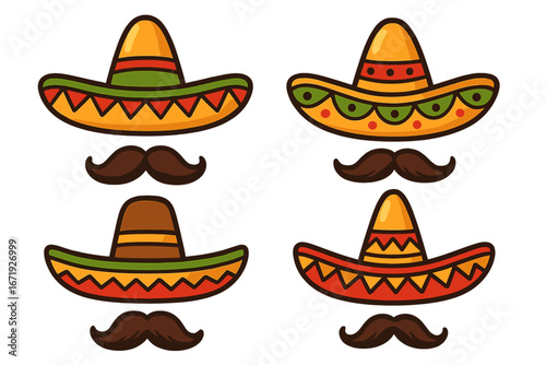 Unique festive sombrero and mustache vector designs, vibrant cartoon illustrations perfect for cultural celebrations, Mexican party themes, traditional costume elements, transparent background set