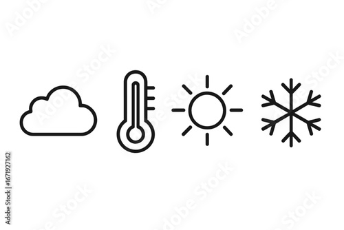 Temperature and Weather Linear Icon Set with Climate Symbols Including Thermometer, Sun, Snowflake, and Cloud in Vector Cartoon Style with Transparent Background, Ordered Set 1
