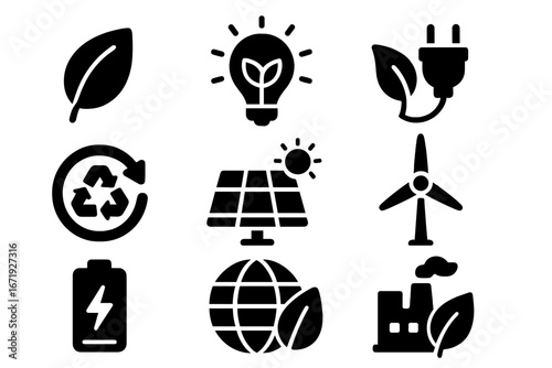 Sustainable technology and energy solid icons set with eco-friendly green renewable resources symbols, solar panel, wind turbine, recycling, battery, and environmental protection vector illustration