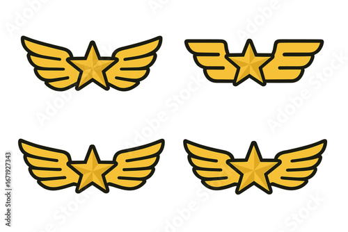 Military wing and star icon badge, army wings emblem collection, cartoon style vector illustration, patriotic symbol, aviation and air force insignia, transparent background