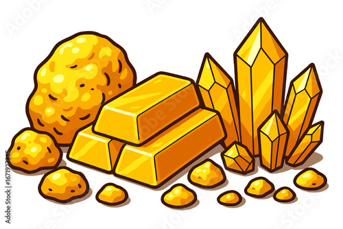 Various Types of Gold Nuggets, Bars, and Crystals Displayed Together in a Vibrant Colorful Arrangement, Vector Cartoon Illustration, Precious Metal Elements, Wealth Concept