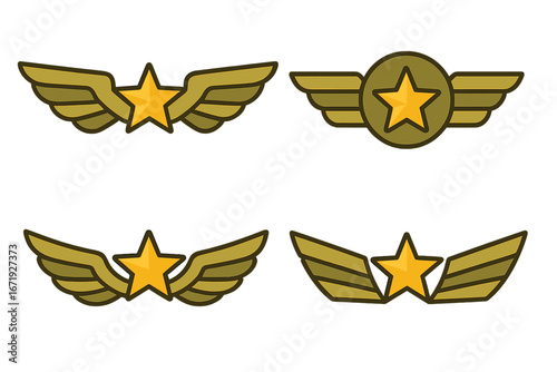 Military wing badge with star icon, army wings symbol, aviation emblem, pilot wings, air force insignia, cartoon vector illustration, transparent background, army collection