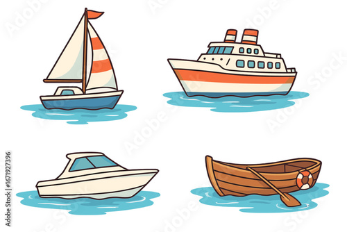 Various types of boats sailing on calm waters during daylight hours, colorful vector cartoon illustration with detailed sailboat, cruise ship, motorboat and wooden rowboat set