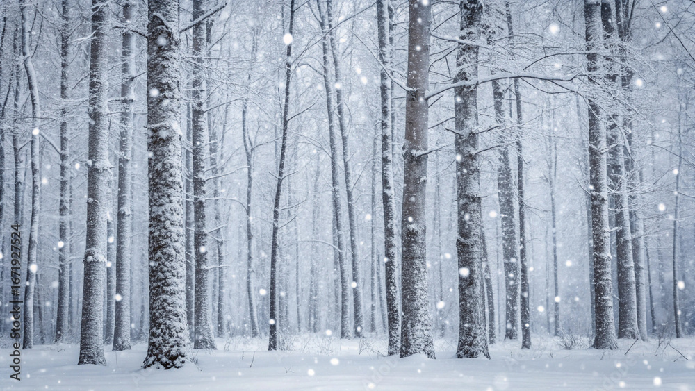 Fototapeta premium Snow-covered forest with bare trees and falling snowflakes in soft light winter