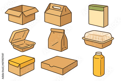 Various types of packaging boxes for food and products, including cartons, bags, trays, and bottles, displayed on a clean background. Vector cartoon illustration, ordered set, transparent background.