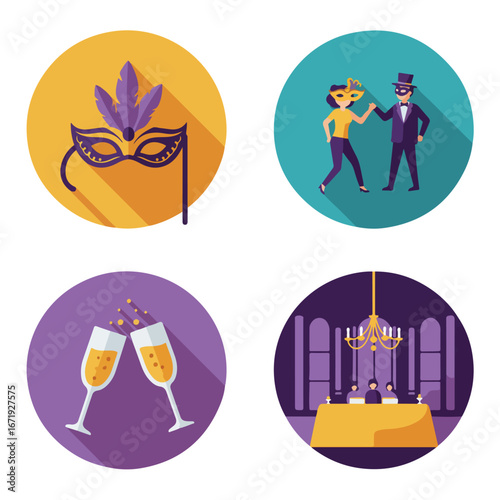 Illustrative Party Icons Dancing, Champagne, Mask & Gala in Various Locations