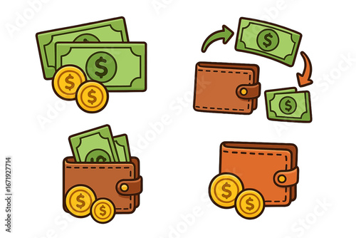 Financial transactions concept with money bills, coins, and wallets, cash flow and currency exchange illustration, transparent vector cartoon icons for finance and business