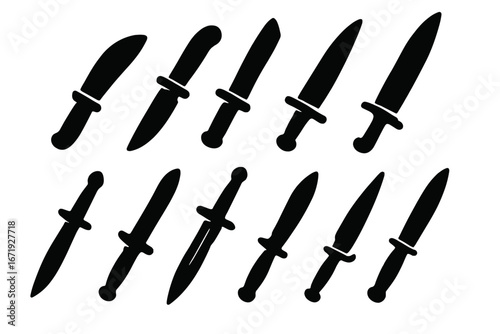 Silhouettes of Knives, Swords, and Daggers in a Sleek Minimalist Style, Vector Icons Set for Weapon Design and Martial Arts Illustration with Transparent Background