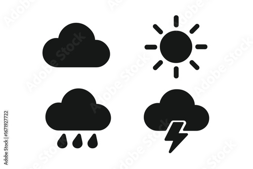 Weather silhouette icon set with cloud, rain, storm, sun symbols in vector cartoon style, isolated black weather icons collection, transparent background, meteorology design elements