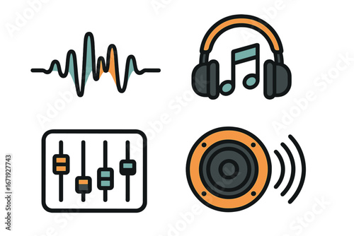Minimalist Vector Illustration of Sound Waves, Headphones, Audio Mixer, and Speaker Icon for Music and Audio Professionals, Sound Engineering, and Music Enthusiasts