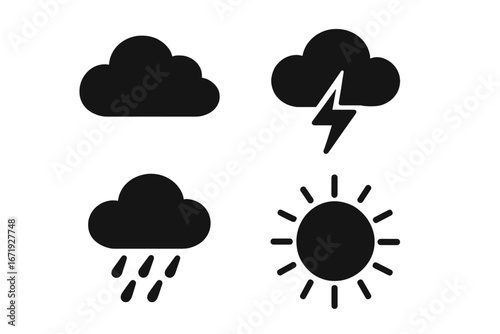 Weather silhouette icon set with cloud, rain, storm, and sun, vector cartoon illustration in silhouette style, transparent background, ordered weather icons collection