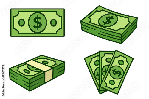 Vector illustration of green dollar money symbols representing finance, business success, financial solutions, investment, profit growth, and economic transactions with transparent background