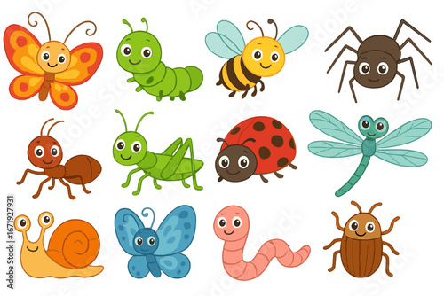 Colorful Variety of Insects and Arachnids Cartoon Vector Illustration for Educational and Children's Learning Materials with Cute Bug Characters