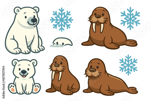 Winter wildlife icons featuring playful polar bears and walruses with snowflakes, cute cartoon vector illustrations ideal for educational and nature-themed designs