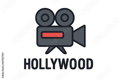 Vintage movie camera icon with red stripe and Hollywood text, isolated on transparent background, cartoon vector illustration for film, cinema, video production concepts
