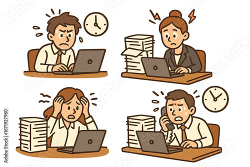 Workplace stress and deadline pressure during a busy office day with employees overwhelmed by heavy workloads and multitasking challenges, vector cartoon illustration
