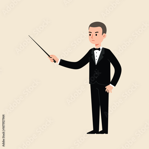 Conductor is pointing with a baton on a stage