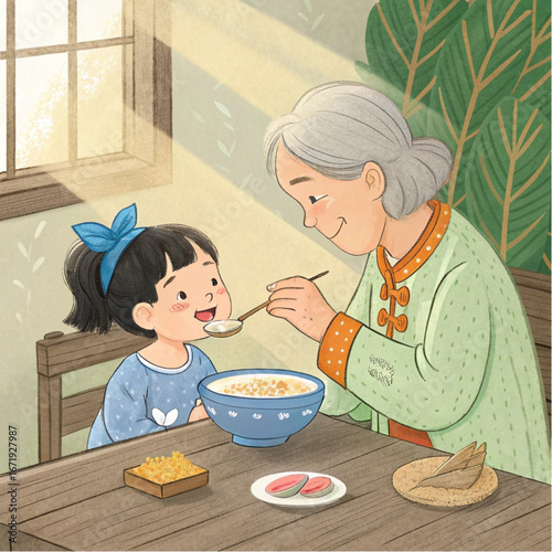 Illustration of Grandmother Feeding Granddaughter Rice Porridge